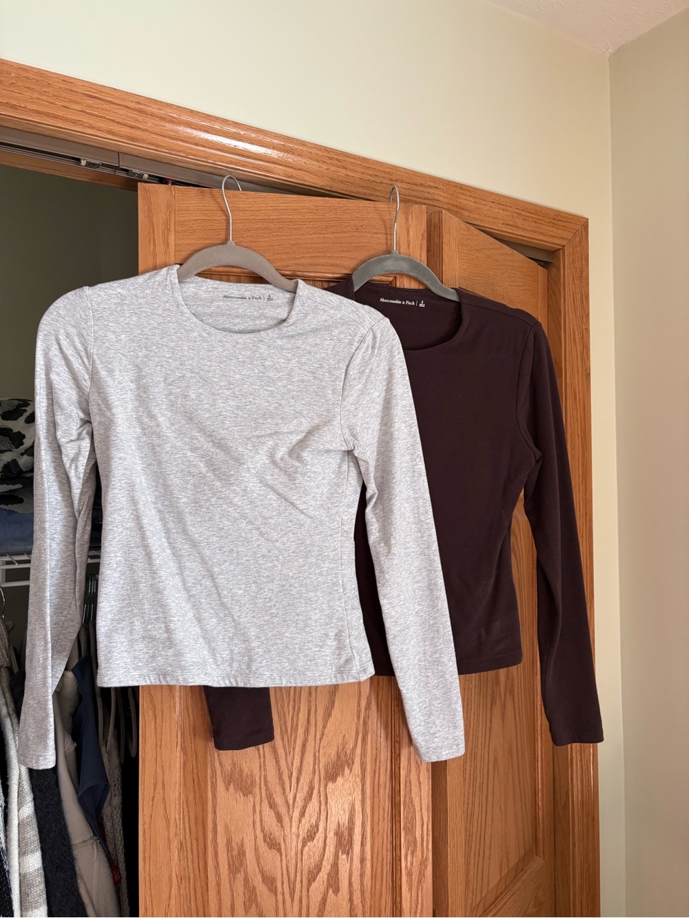 Abercrombie & Fitch Long Sleeve Crewneck Tops - Light Gray & Dark Brown
